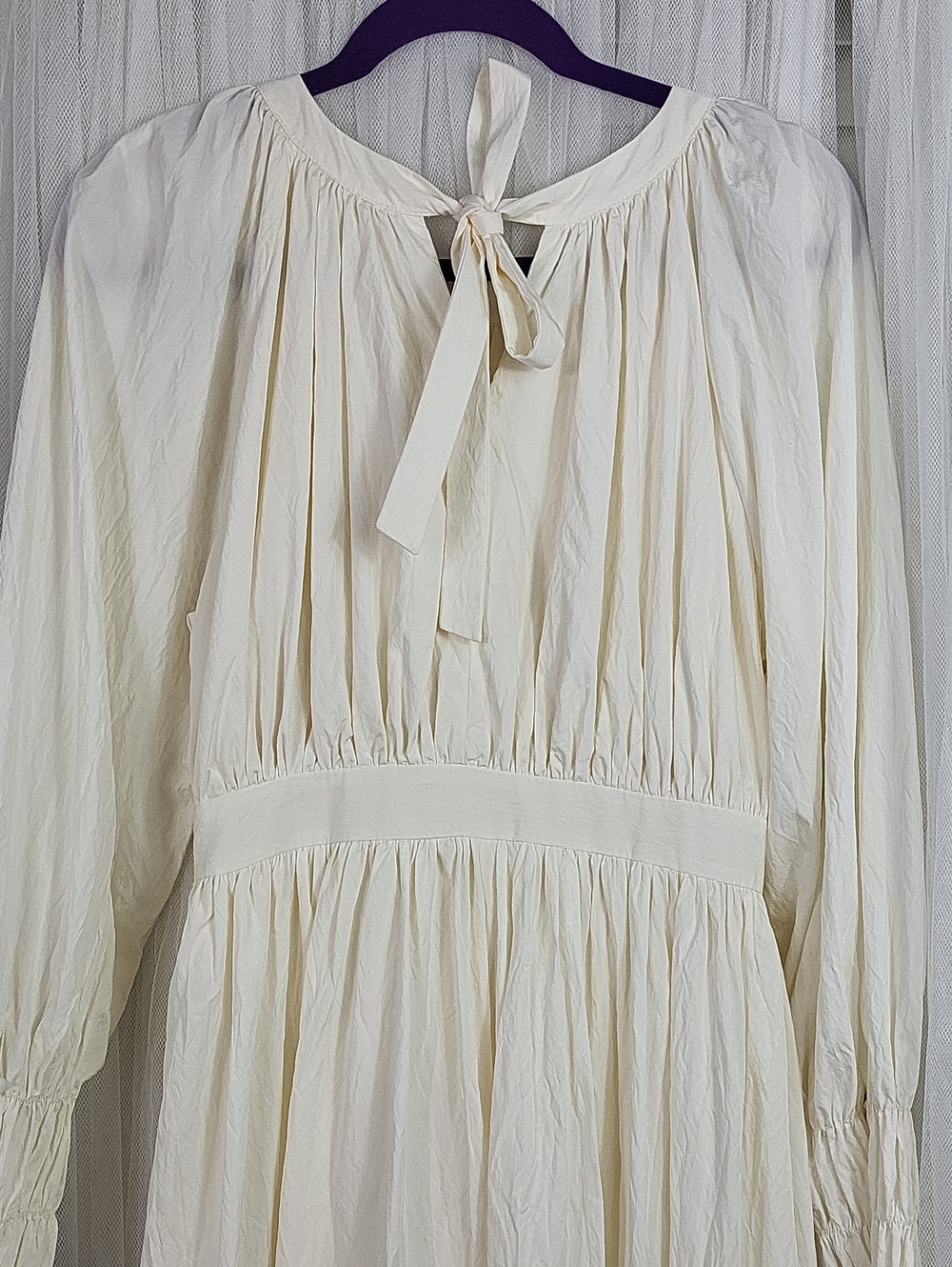 Yoomini Women's Cream Long-Sleeve Midi Dress with Smocked Cuffs. Size S - Picture 11 of 14